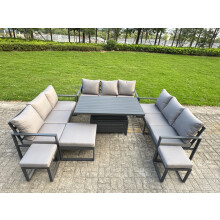 Fimous Aluminum Outdoor Patio Furniture Set Modern Patio Conversation Sets with Adjustable Rising Lifting Dining Table 3 Footstools Dark Grey