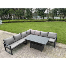 Fimous 6 Piece L-shaped Garden Furniture Set 7-Seater Aluminium Outdoor Dining Set with Adjustable Rising Lifting Dining Table Dark Grey