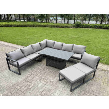 Fimous 8 Pieces Aluminium Garden Furniture Set with Cushions, Patio Furniture Set with Adjustable Rising Lifting Dining Table Big Footstool Dark Grey