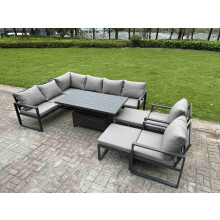 Fimous Aluminium Garden Furniture Sets,10 Seater Outdoor Conversational Dining Set with Adjustable Rising Lifting Dining Table,2 Big Footstools Dark G