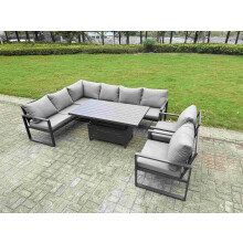 Fimous 7 Pieces Aluminium Garden Furniture Sets with Adjustable Rising Lifting Dining Table Chair 8 Seater Corner Sofa Set Dark Grey