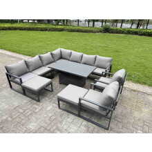 Fimous 11 Seater Aluminium Sofa Set 10 Pieces Outdoor Garden Furniture - Rising Dining Table with Cushions 2 Big Footstools 2 Chair Footstool Dark Gre