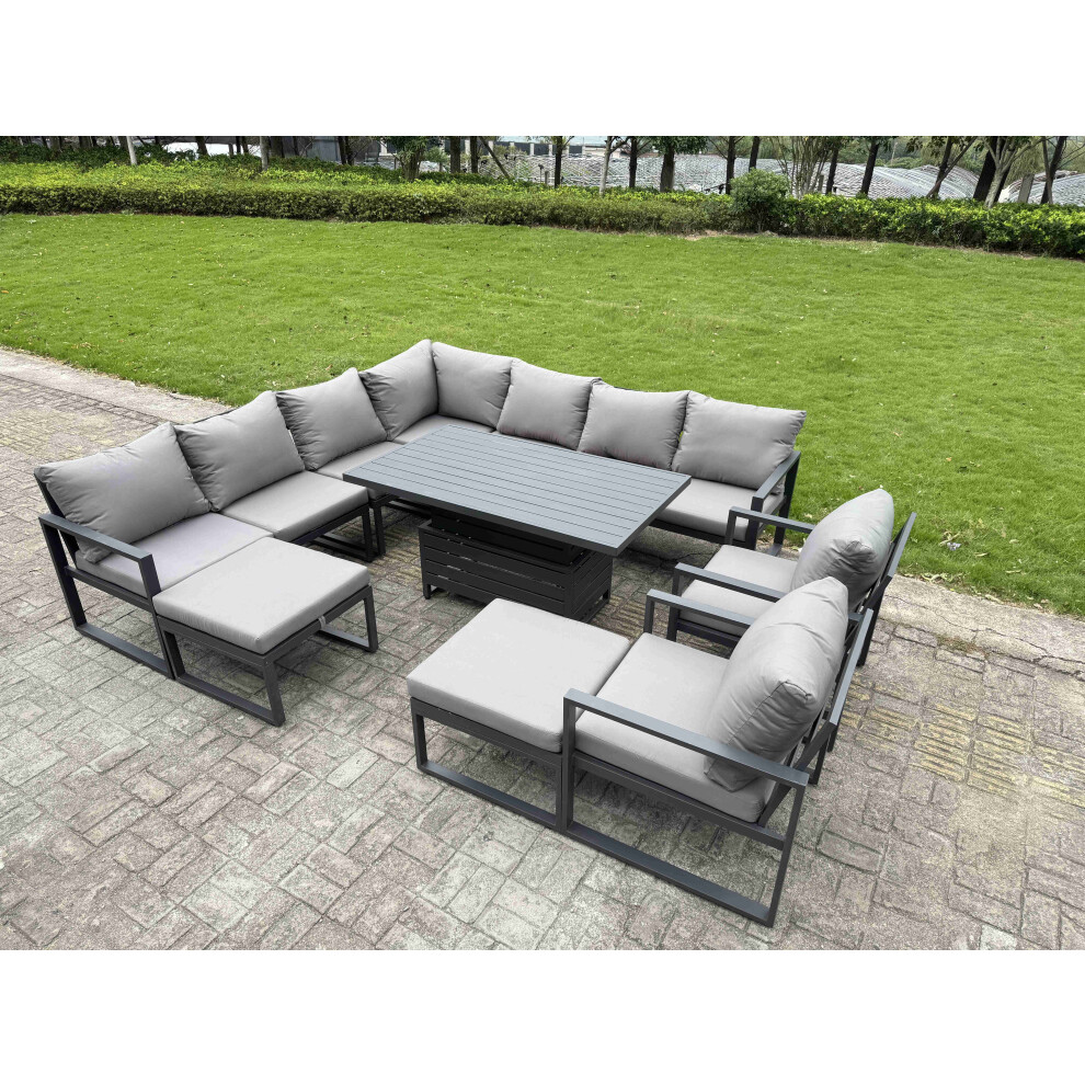Fimous 11 Seater Aluminium Sofa Set 10 Pieces Outdoor Garden Furniture - Rising Dining Table With Cushions 2 Big Footstools 2 Chair Footstool Dark Gre
