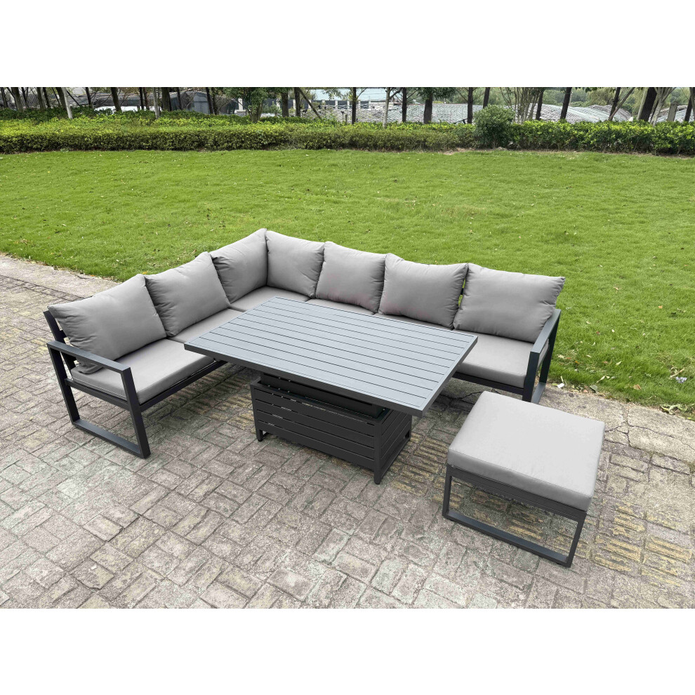 Fimous Aluminium Garden Furniture Sets,7 Seater Outdoor Conversational Dining Set With Adjustable Rising Lifting Dining Table Cushions For Yard,Poolsi