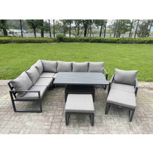 Fimous Aluminium Garden Furniture Sets,9 Seater Outdoor Conversational Dining Set with Adjustable Rising Lifting Dining Table,2 Big Footstools Dark Gr