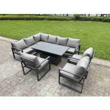 Fimous 8 Pieces Aluminium Garden Furniture Sets with Adjustable Rising Lifting Dining Table,Chair 9 Seater Corner Sofa Set Dark Grey