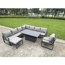 Fimous 9 Seater Aluminium Sofa Set 8 Pieces Outdoor Garden Furniture - Rising Dining Table with Cushions Chair Big Footstool Dark Grey