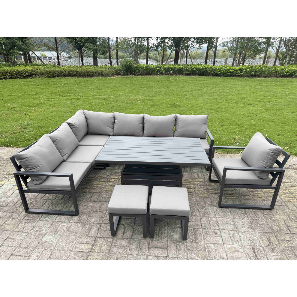Fimous 8 Pieces Aluminium Garden Furniture Sets With Adjustable Rising Lifting Dining Table,2 Small Footstools 9 Seater Corner Sofa Set Dark Grey