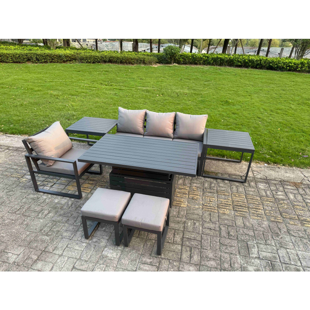 Fimous Dark/Grey 6 Seater Aluminium Outdoor Furniture Set With Adjustable Rising Dining Table Chairs With 2 Footstools 2 Side Tables - Image 2