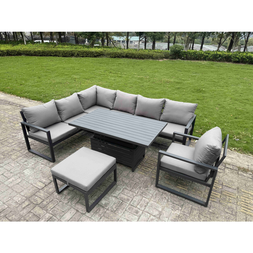 Fimous Aluminium Garden Furniture Sets,8 Seater Outdoor Conversational Dining Set With Adjustable Rising Lifting Dining Table Cushions For Yard,Poolsi
