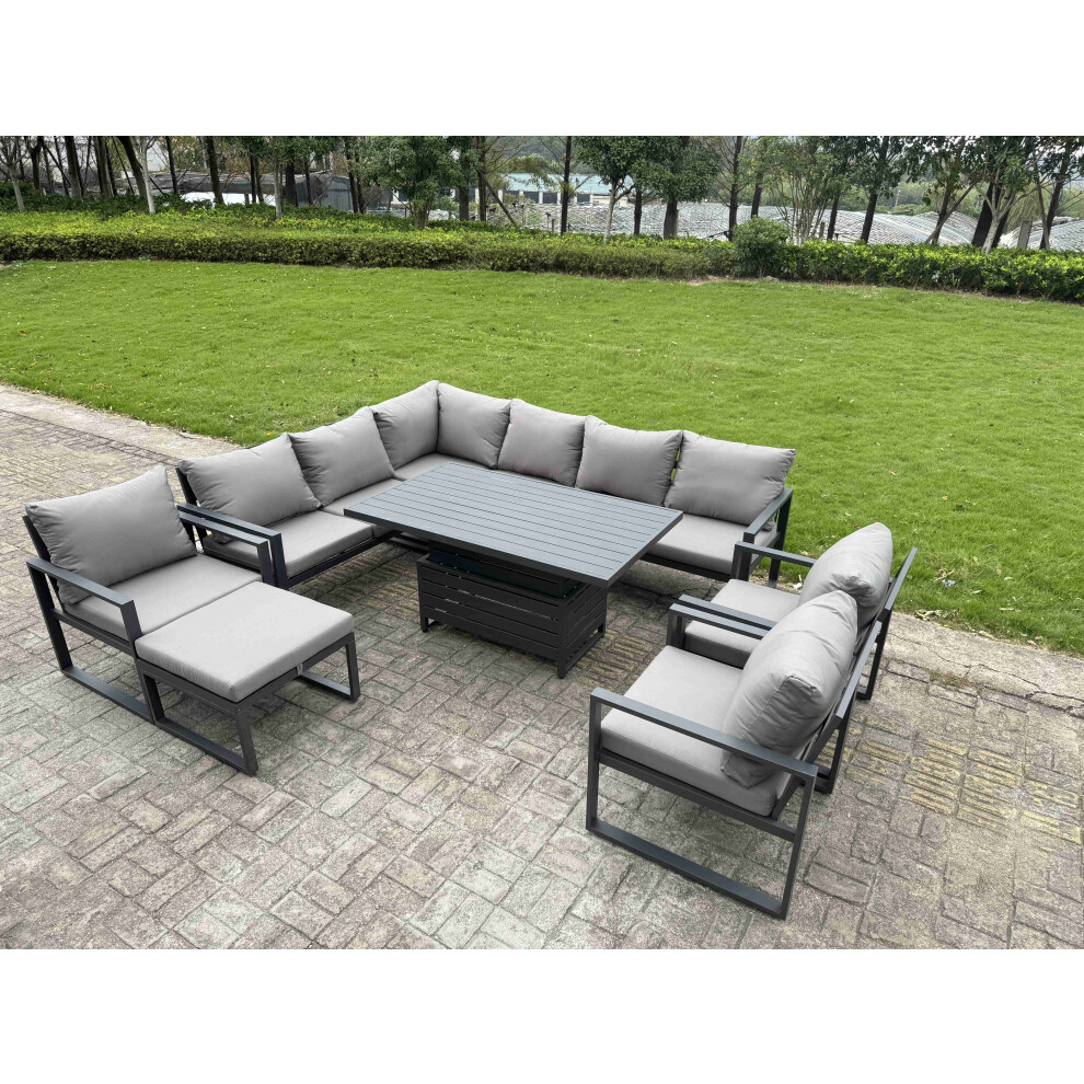 Fimous Aluminium Garden Furniture Sets,10 Seater Outdoor Conversational Dining Set With Adjustable Rising Lifting Dining Table Cushions For Yard,Pools
