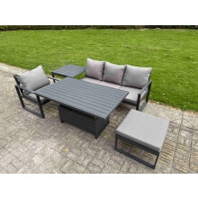 Fimous Aluminium Garden Furniture Set 5 Piece Aluminium Lounge Seating Adjustable Rising Lifting Dining Table Set with Side Table Big Footstool Dark G