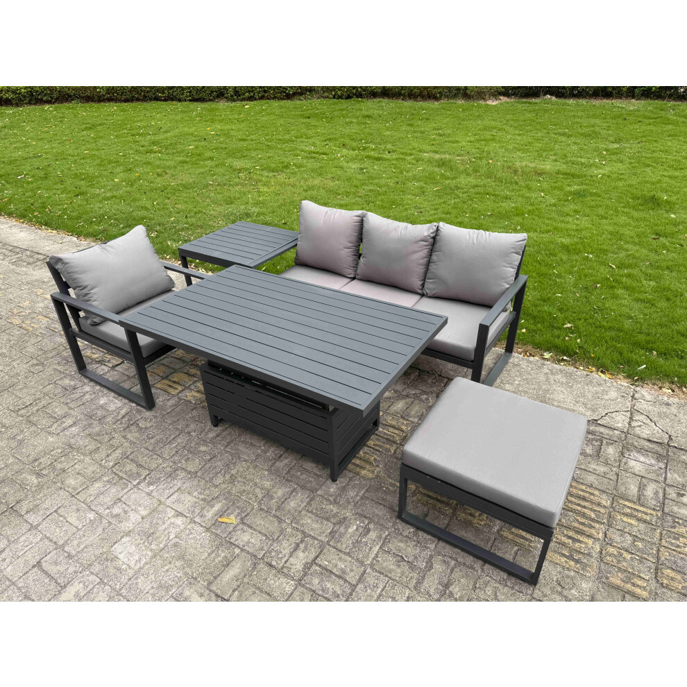 Fimous Dark/Grey 5 Seater Aluminium Garden Furniture Set With Adjustable Rising Dining Table, Side Table & Footstool - Image 2