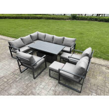 Fimous 10 Pieces Aluminium Garden Furniture Sets with Adjustable Rising Lifting Dining Table,Chair,2 Small Footstools 11 Seater Corner Sofa Set Dark G