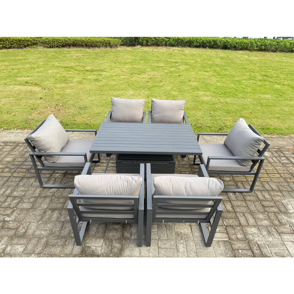 Fimous Aluminium Garden Furniture Set Adjustable Rising Lifting Dining Table And 6 Chairs Set Dark Grey