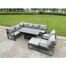 Fimous Aluminium Garden Furniture Sets,9 Seater Outdoor Conversational Dining Set with Adjustable Rising Lifting Dining Table Cushions for Yard,Poolsi