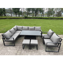 Fimous 9 Pieces Aluminium Garden Furniture Sets with Adjustable Rising Lifting Dining Table,Chair,2 Small Footstools 10 Seater Corner Sofa Set Dark Gr