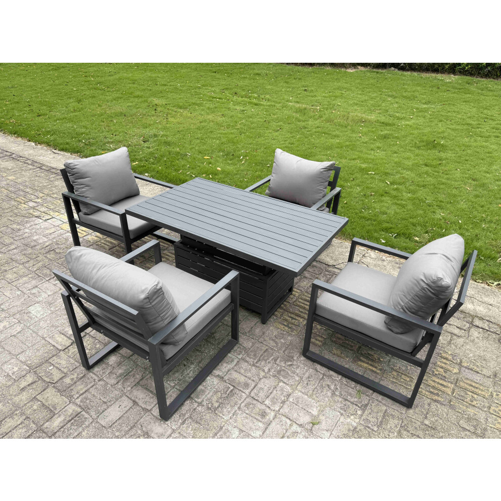 Fimous Aluminium Garden Furniture Set Adjustable Rising Lifting Dining Table And 4 Chairs Set Dark Grey