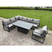 Fimous 6 Pieces Aluminium Garden Furniture Sets with Adjustable Rising Lifting Dining Table 7 Seater Corner Sofa Set Dark Grey