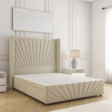 (Cream, 5ft King (No Mattress))) Nola 54” Winged Divan Double Bed Base Plush Velvet Built-in 2 Drawers
