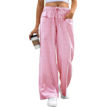 Randiga Ginghambyxor för Kvinnor 2026 Pyjamas Lounge Boxerbyxor Söta, Bekväma Pyjamasbyxor med Fickor Y2K-Rutiga Outfits Rosa XL
