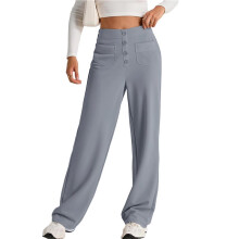 Womens High Waist Button Stretchy Pants Straight Leg Office Dress Pant Casual Trousers with Pocket Light Gray 5XL