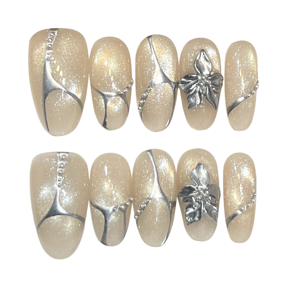 Penghui-Toys (S) Nude Cat Eyes Fake Nails With Magic Mirror Powder Natural Unbreakable Nail Simple Wear For Daily And Parties Wearing