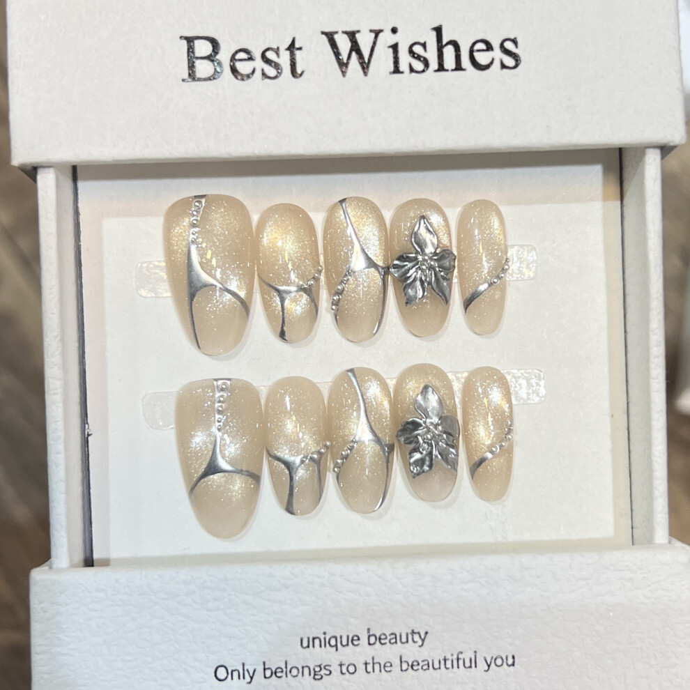 Penghui-Toys (L) Nude Cat Eyes Fake Nails With Magic Mirror Powder Natural Unbreakable Nail Simple Wear For Daily And Parties Wearing