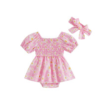 (6-12 Months, Pink) Conjunto para recém-nascida, macacão curto com estampa floral e ombros à mostra, com faixa de cabelo.
