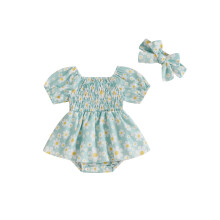 (12-18 Months, Green) Conjunto para recém-nascida, macacão curto com estampa floral e ombros à mostra, com faixa de cabelo.