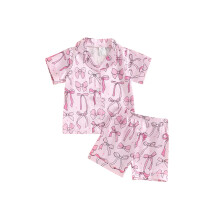 (3-4 Years, Pink Bow) Piżama dziewczęca 2-częściowa, kokardki, krótki rękaw, guziki, szorty, satynowa bielizna nocna