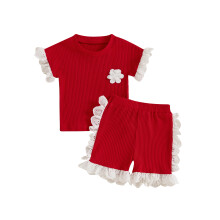 (3-4 Years, Red) Lasten ja tyttöjen kukkakuosiset shortsit ja t-paita tilkkutäkkikuviolla, kesäasu