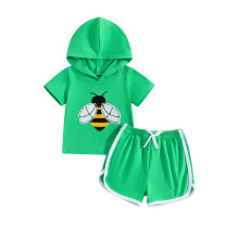 (6-12 Months, Green) Ensemble d'été pour garçon : hoodie brodé d'abeilles et short élastique (2 pièces).
