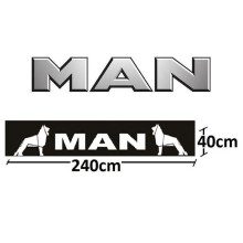 MAN oplegger spatbord met witte tekst en logo op zwarte achtergrond 40x240cm