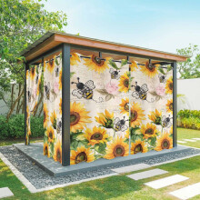 Tende da esterno impermeabili con motivo floreale e ape in stile rustico con girasoli e api.