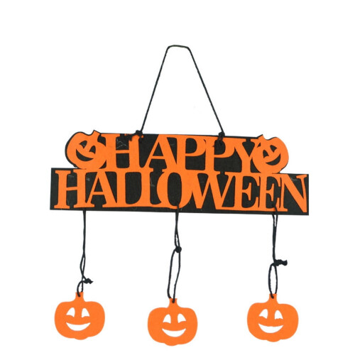 Puinen riippuva halloween-kyltti noidankummikurpitsalla