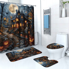 4-Pc Halloween Shower Curtain Set w/ Non-Slip Rug, Toilet Cover & Bath Mat – Gothic Pumpkins, Castle, Moon, Tree – Durable Bathroom Decor