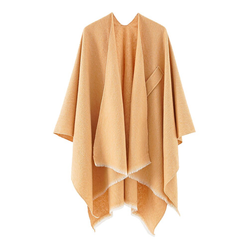 Poncho feminino de tricô com capuz e bolsos. 2
