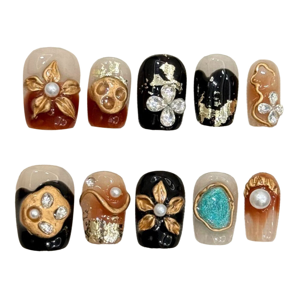 Dcph-Clothing (Xs) 3D Flower Fake Nails, 10Pcs Press-On Set, Natural Look