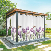 Tende da esterno con fiori primaverili, tulipano viola e disegno di ape