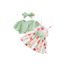(6-12 Months, Green) Ensemble d'été pour fille : cardigan court, robe fleurie à volants et bandeau (3 pièces)