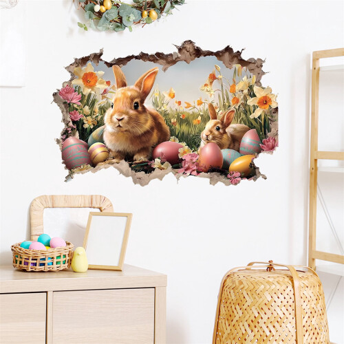 Adesivos de parede de Páscoa com coelhinhos, ovos e flores (23x15 polegadas)