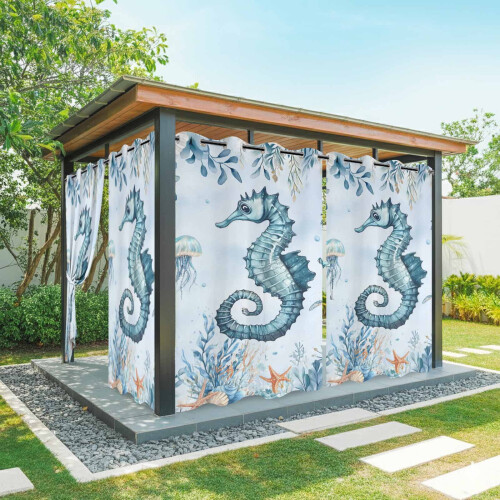 Cortinas externas com ilhós e estampa de cavalo-marinho, impermeáveis, 137 x 213 cm (54 x 84 polegadas)