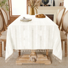 Nappe bohème en lin à pompons, 140 x 91 cm, blanche