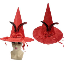 Červený sametový čarodějnický klobouk pro halloweenský kostým