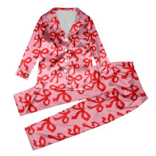 Girls Long Sleeve Pants Set 2 Piece Outfits Button Down Bow Print Collared Shirts Relaxation Home Clothes For Kids 3-14 Years Comfy Outfit