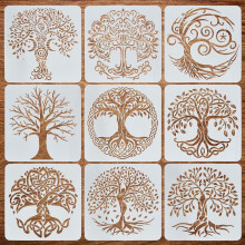 9-Pcs Large 11.8" Trees of Life Wall Stencil Set – Reusable Branch & Leaves Template, Vibrant Spiral Tree Design, White