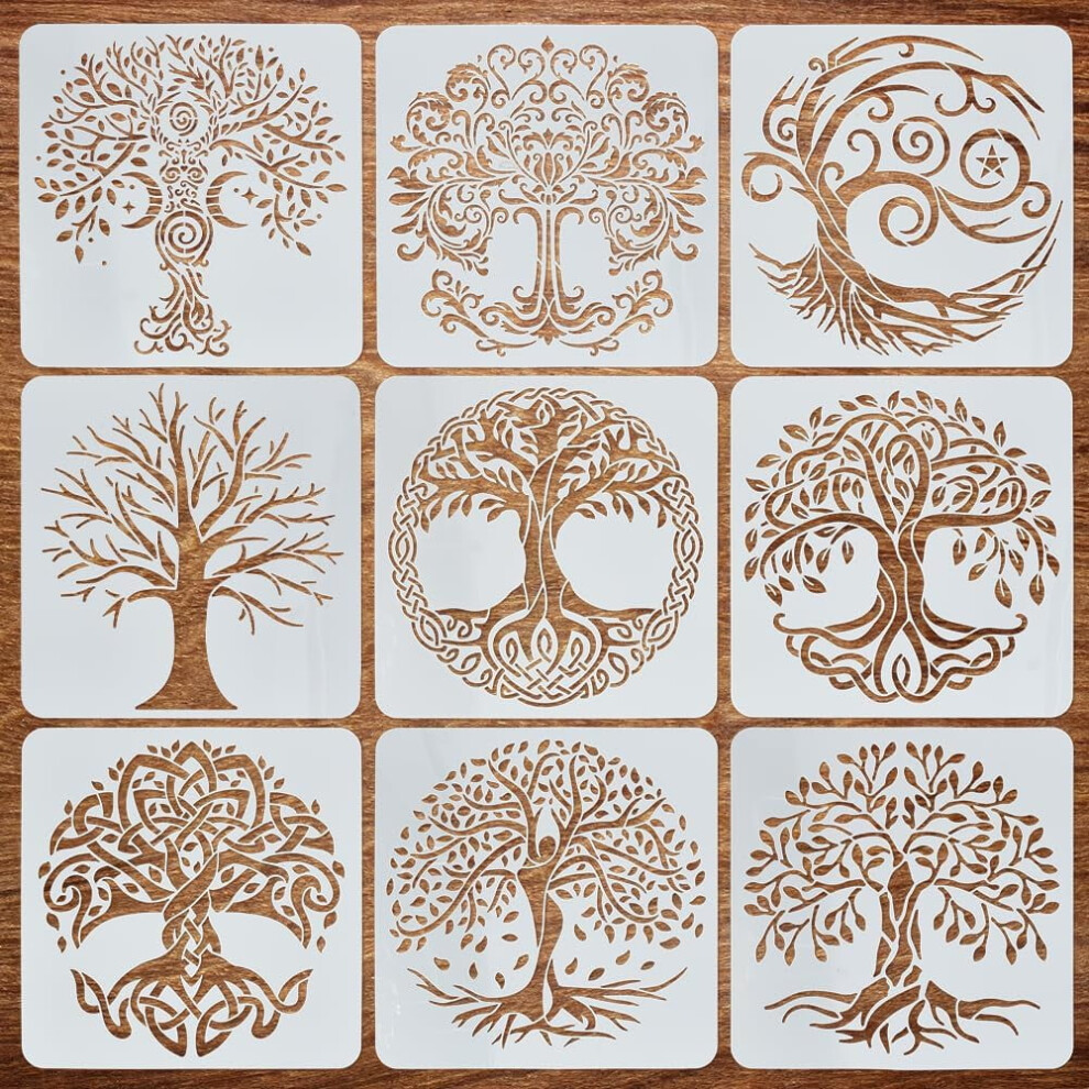 9-Pcs Large 11.8" Trees Of Life Wall Stencil Set Â Reusable Branch & Leaves Template, Vibrant Spiral Tree Design, White 9180479324843