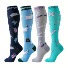 4 Pairs Breathable Copper Compression Knee Socks for Women/Men – Pregnancy, Running, Hiking, Cycling – Polyester/Elastane, Cartoon Pattern,