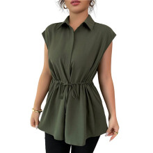 Damesblouses met Knoopsluiting, Casual Peplum Zomertopjes, Elegante Chiffon Werkblouse Legergroen M